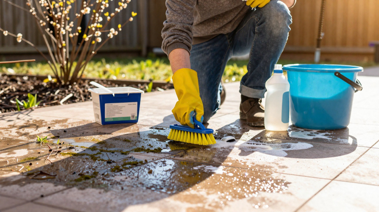 Person wearing yellow gloves scrubbing a wet, muddy patio floor with a blue brush beside cleaning supplies.