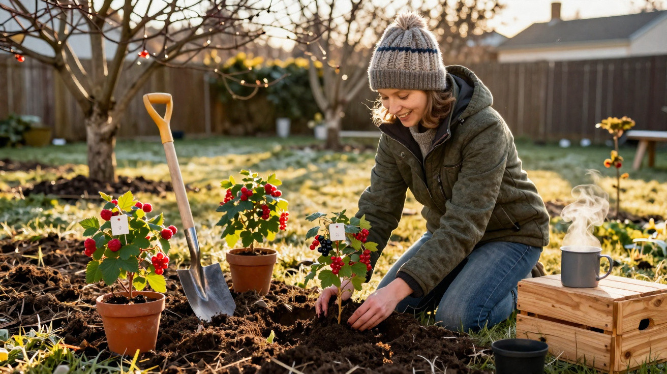 Woman wearing a hat and jacket planting berry shrubs in a garden on a sunny autumn day with a steaming mug nearby.