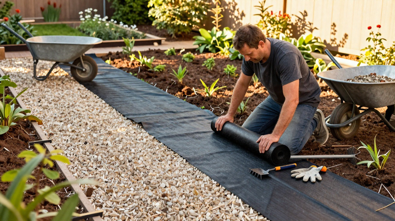 Man laying landscaping fabric along a garden path bordered by plants and two wheelbarrows.