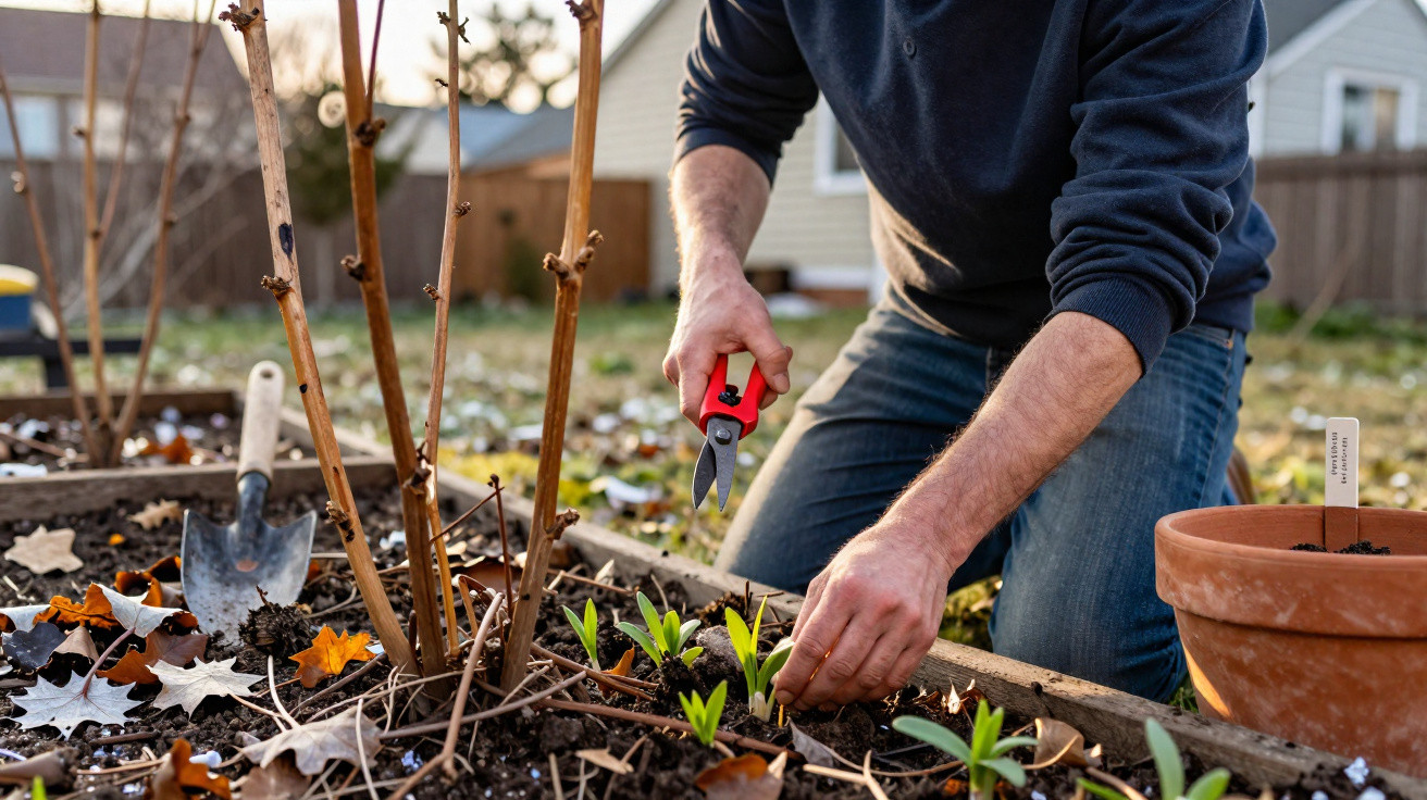 Person kneeling in garden bed pruning young plants with red-handled shears near a terracotta pot and trowel.