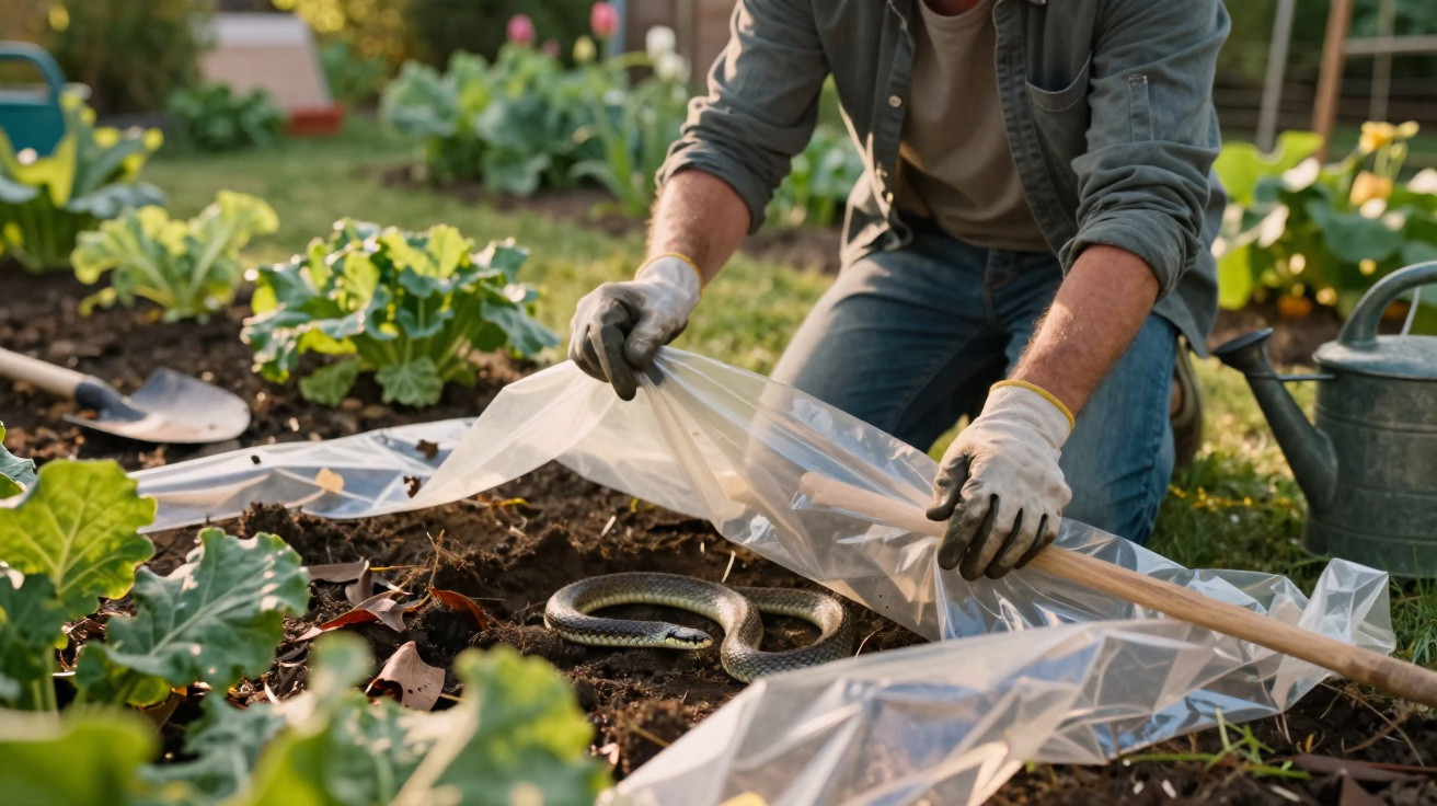 Person wearing gloves handling a snake in a garden bed using a plastic sheet and stick.