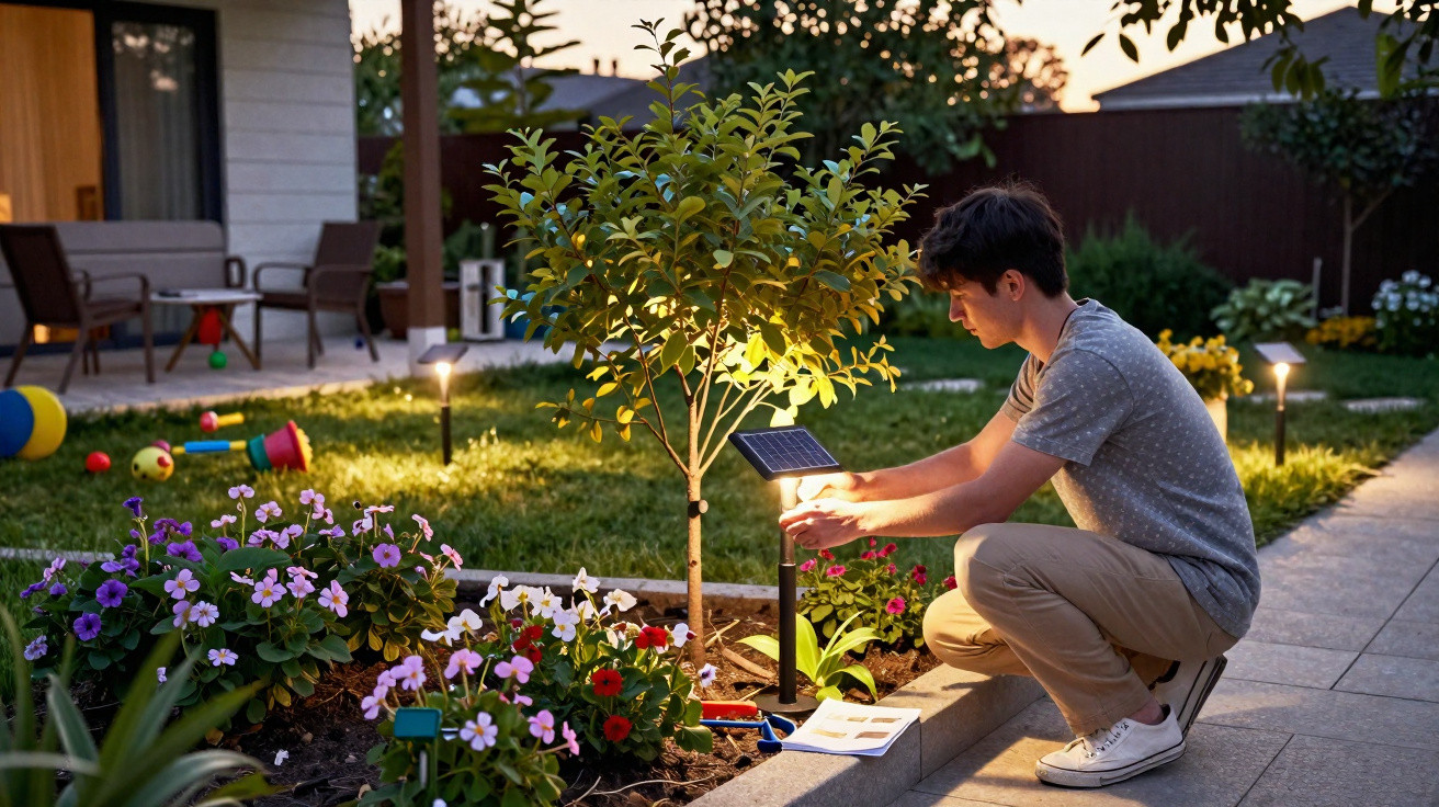 Young man adjusting solar garden light in flower bed during evening in suburban backyard.
