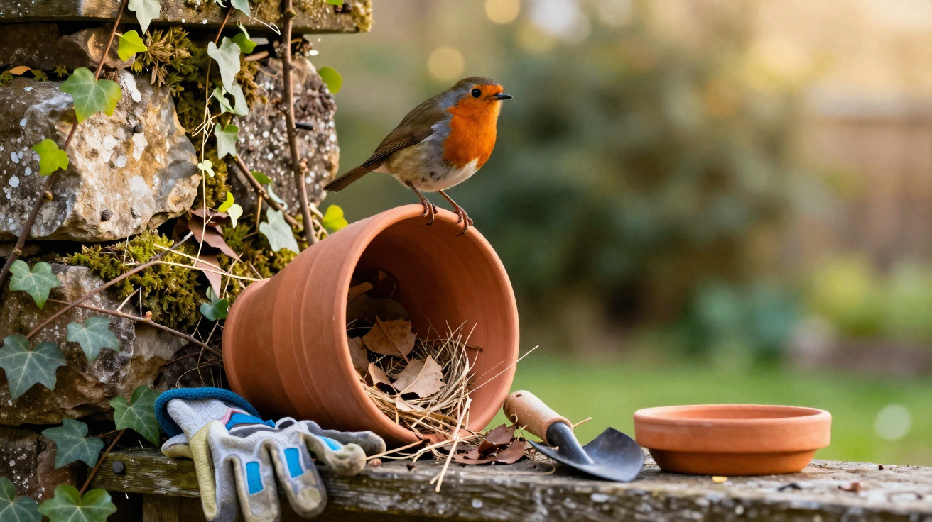 European robin perched on an overturned terracotta pot with gardening gloves and tools on a wooden bench outdoors