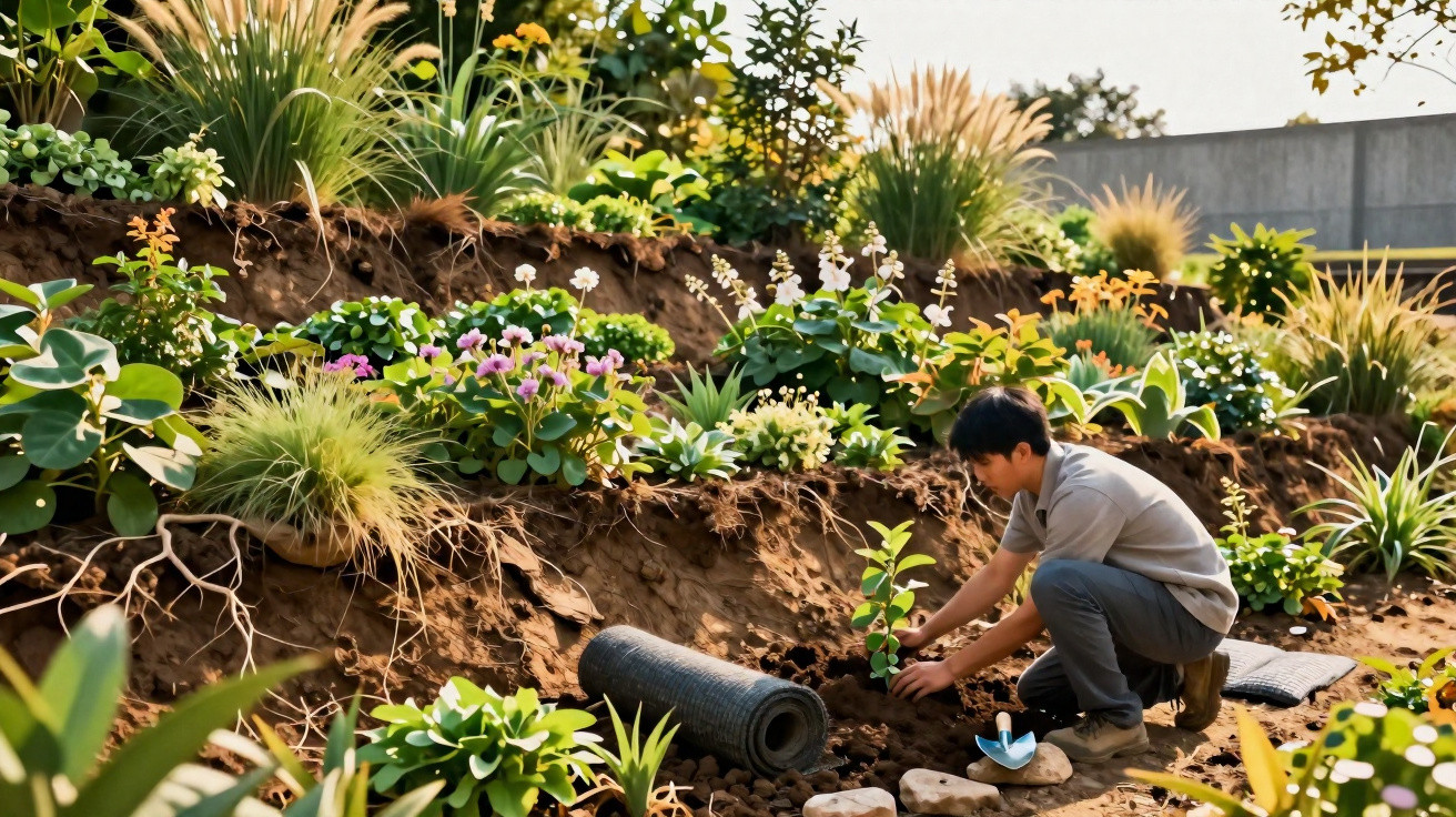 Person planting a small tree on a terraced garden slope with various plants and flowers surrounding them.