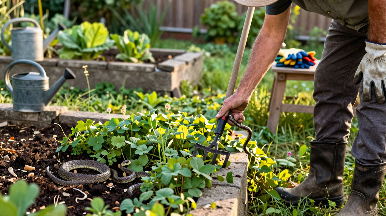 Person using a garden fork near a coiled snake in a raised garden bed surrounded by plants and watering cans.