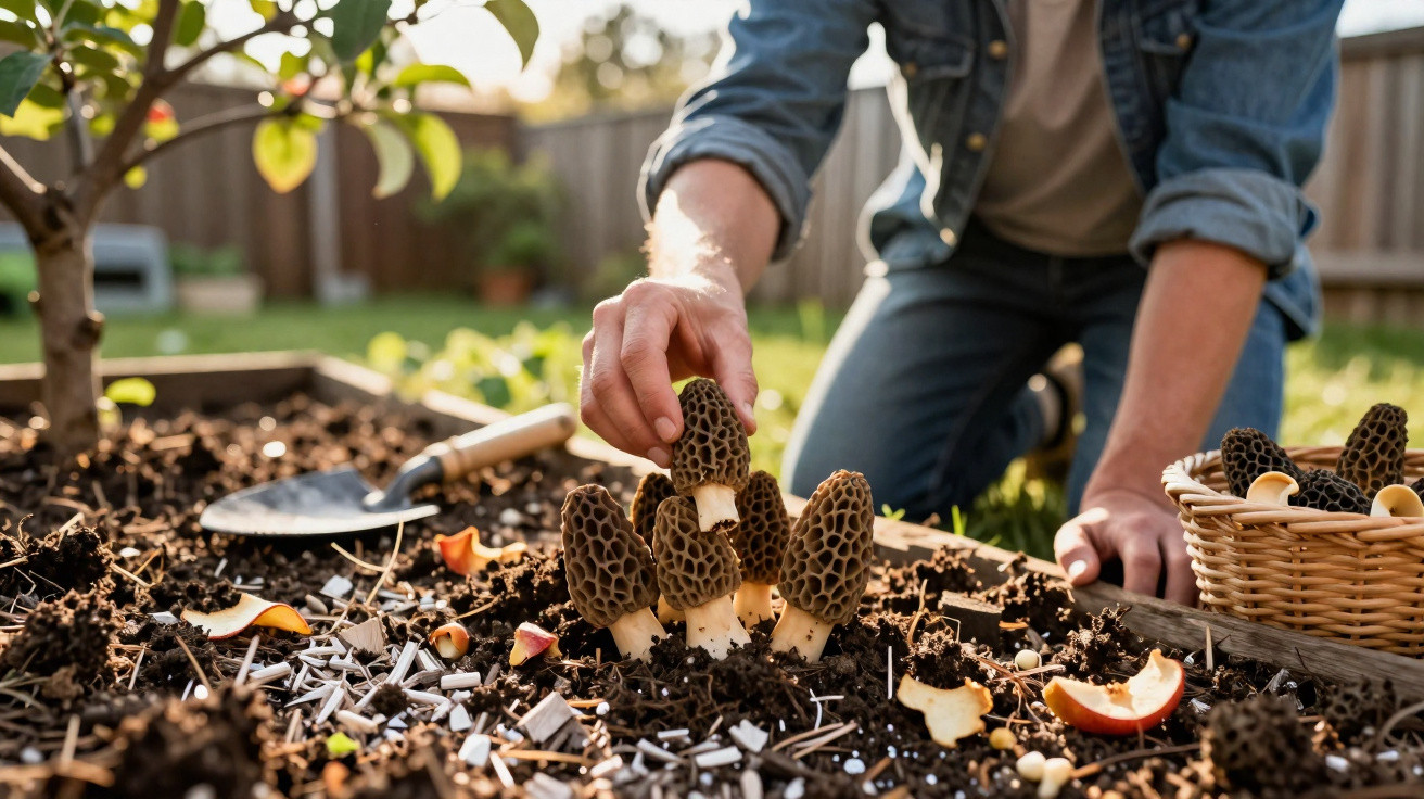 Person harvesting morel mushrooms in a garden patch with a basket and gardening trowel nearby.