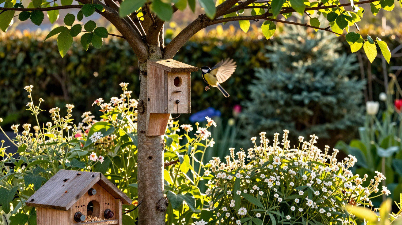 Small bird with outstretched wings approaching wooden birdhouse on tree amid sunlit garden flowers.