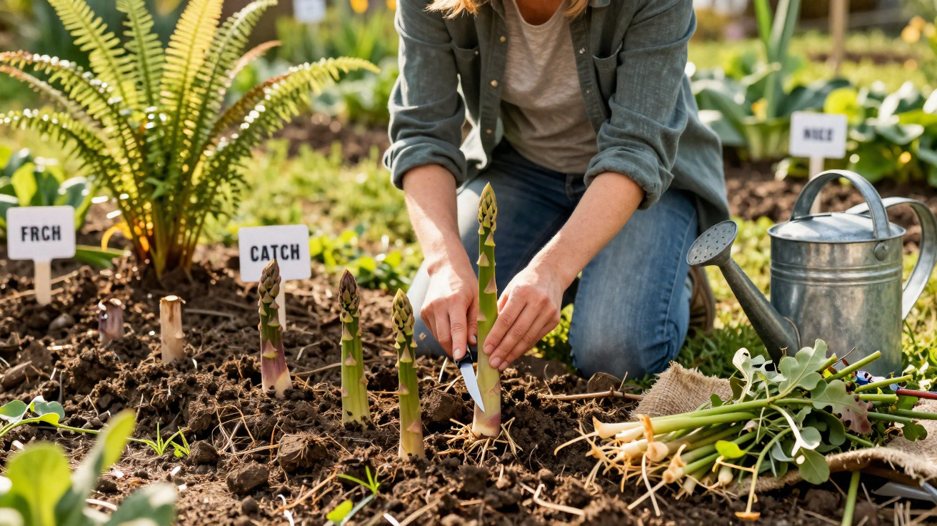 Person harvesting asparagus in a garden patch with labelled rows and a metal watering can nearby.