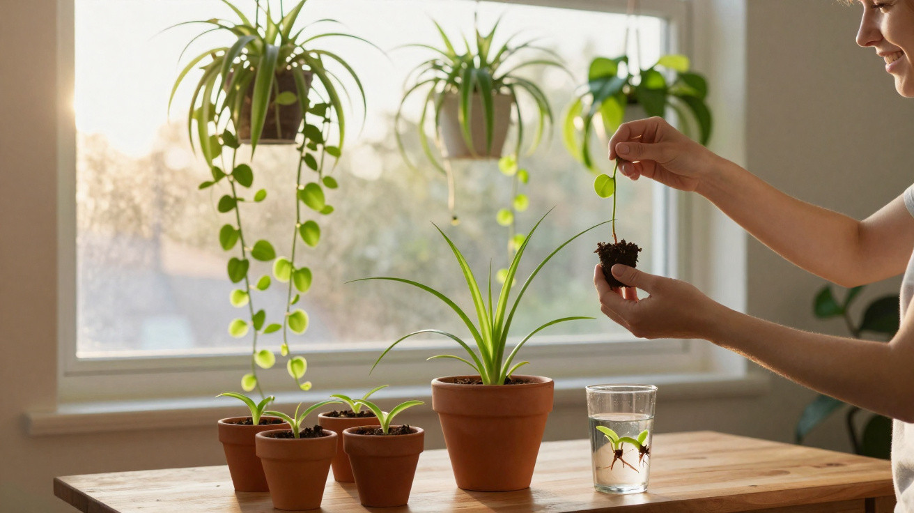 Person propagating houseplants on a wooden table near a bright window with hanging and potted plants.