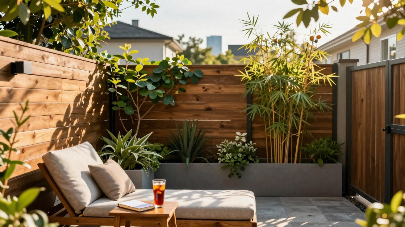 Sunlit wooden patio with cushioned lounger, small table, iced drink, and various potted green plants beneath a clear sky.