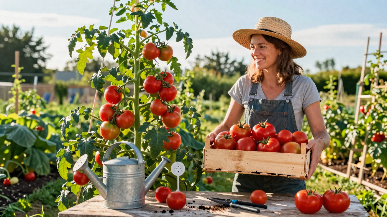 Woman in a straw hat harvesting ripe tomatoes in a garden, holding a wooden crate full of tomatoes.