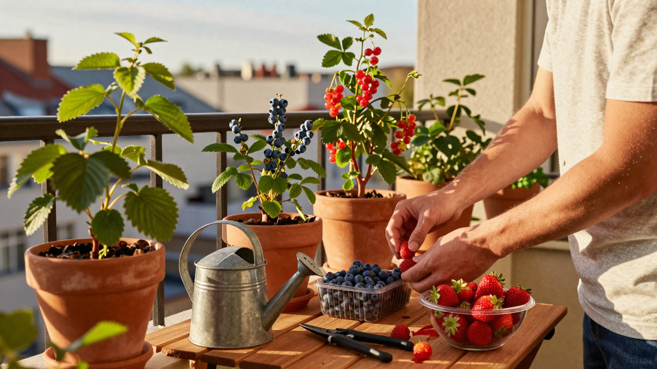 Person harvesting strawberries on a balcony table with potted berry plants and a watering can.