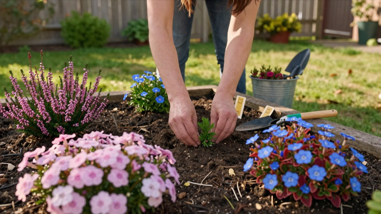 Person planting a small green plant in a garden bed surrounded by colourful flowers on a sunny day.