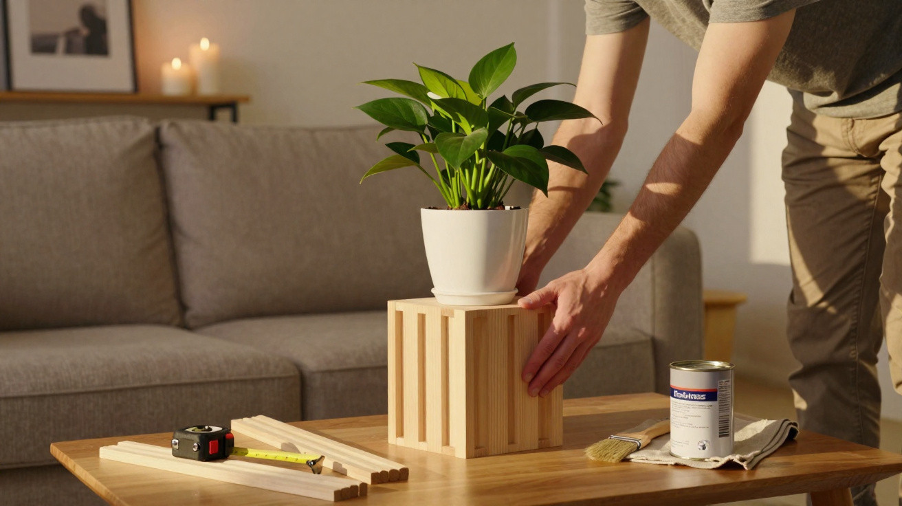 Person assembling a wooden planter box with a potted green plant on a coffee table in a living room.
