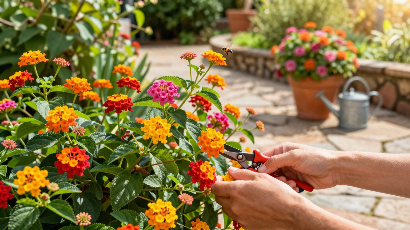 Hands pruning vibrant orange, red, and pink flowers in a sunny garden with a bee flying nearby.