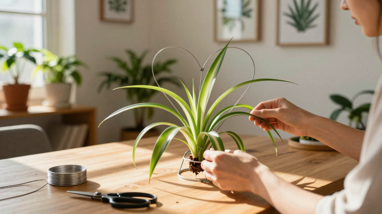 Person arranging a spider plant on a wooden table with scissors and wire in a sunlit room.