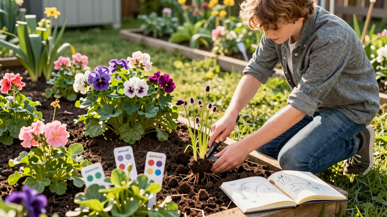 Child planting flowers in a garden bed with a gardening book open beside them on a sunny day.