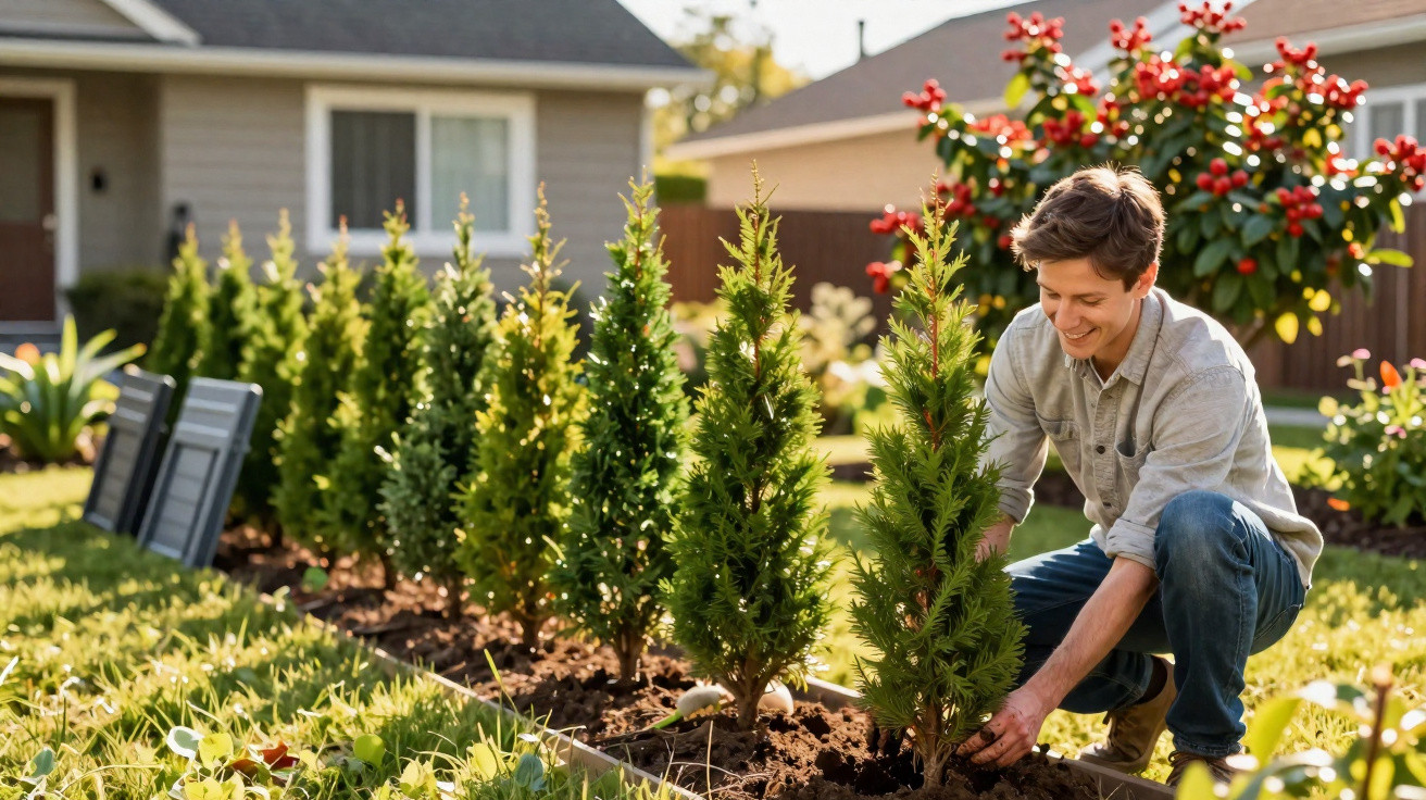 Man planting young evergreen trees in a garden bed in a sunny backyard.