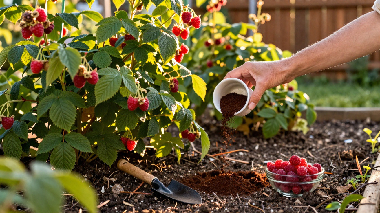 Hand pouring ground coffee into garden soil near raspberry bushes with a trowel and bowl of raspberries.