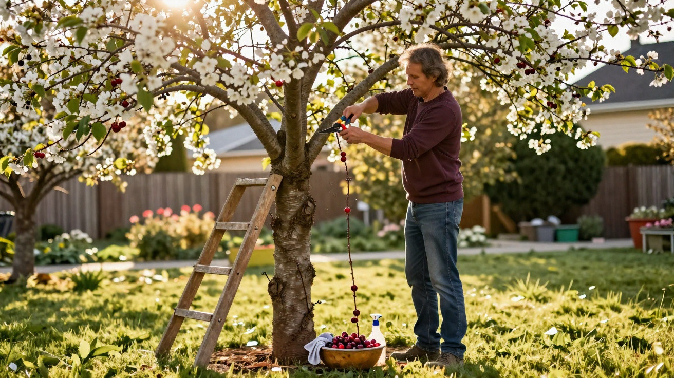 Man hanging a string of cherries on a blossoming tree in a sunlit garden with a ladder nearby.