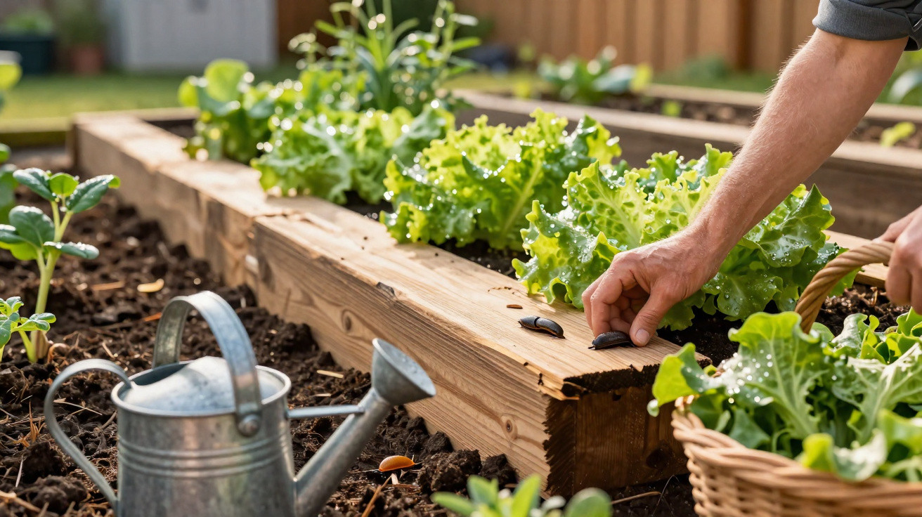 Hands planting seeds beside leafy vegetables in raised garden beds with a watering can nearby.