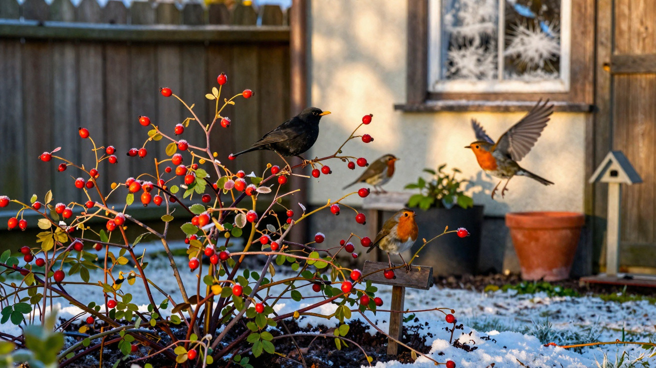 Blackbird and robins perched on a rosehip bush in a snowy garden with a wooden fence and window in the background.