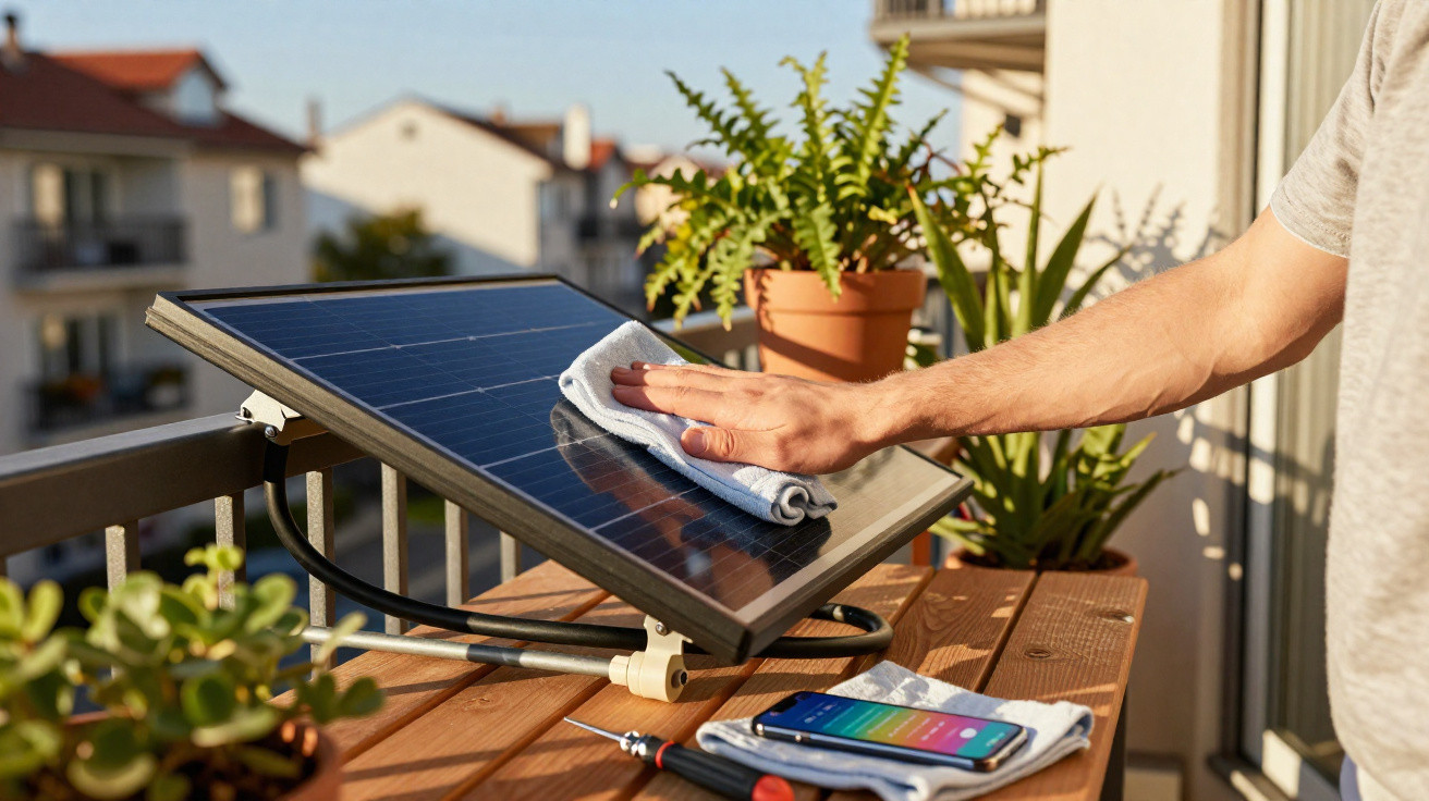Person cleaning a solar panel on a balcony with potted plants and a smartphone nearby.