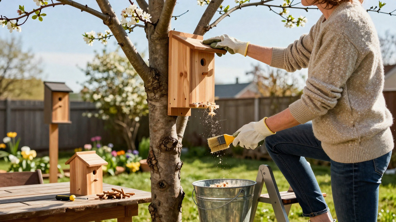 Person cleaning wooden birdhouse attached to tree in sunny garden with flowers and another birdhouse nearby