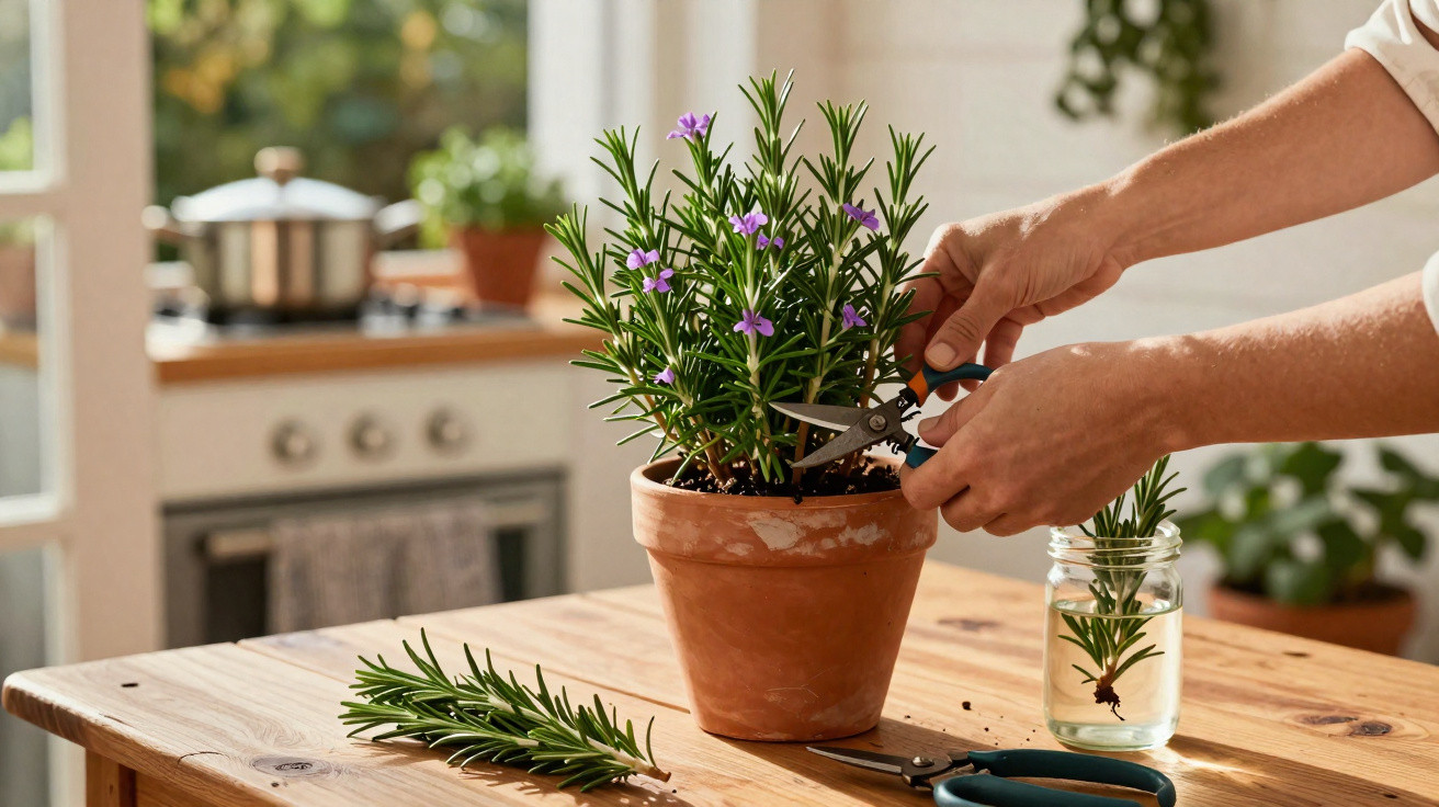Hands pruning a flowering rosemary plant in a terracotta pot on a wooden kitchen table.