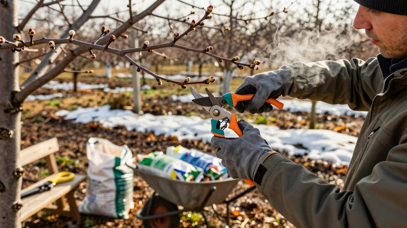Person wearing gloves holding garden pruning shears near budding tree branches on a cold day with visible breath.