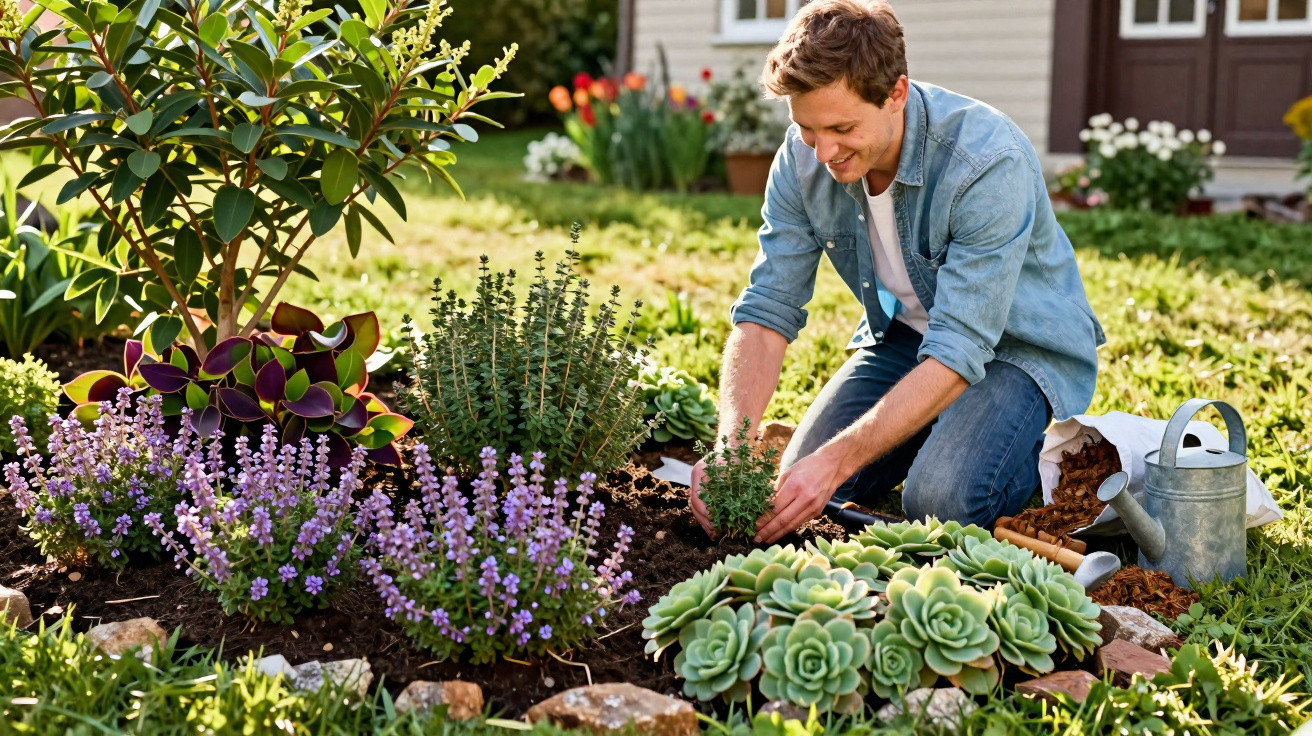 Man kneeling in garden bed planting herbs surrounded by flowering plants and succulents near a house