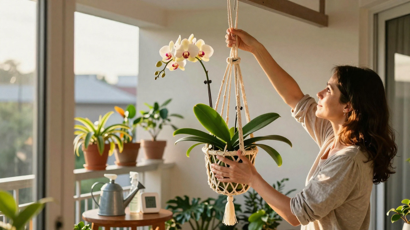 Woman adjusting a hanging orchid plant in a sunlit indoor garden room with various potted plants.