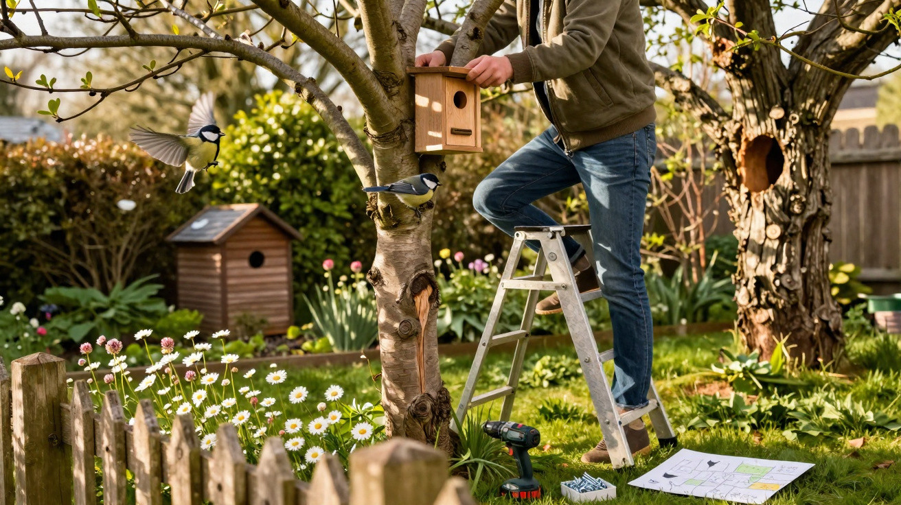 Person on a ladder fixing a birdhouse to a tree with birds flying nearby in a garden with daisies.