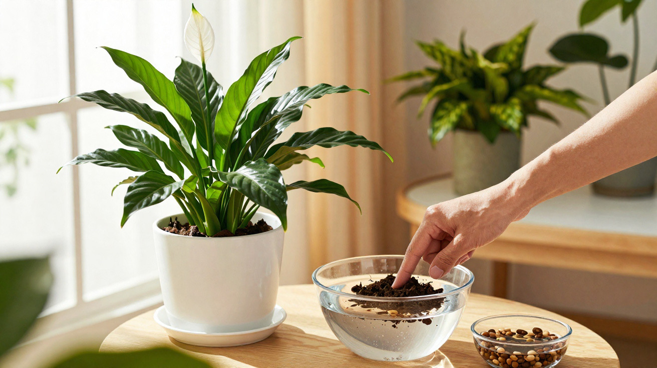 Person planting seeds in soil inside a glass bowl next to a potted peace lily on a wooden table by a window.