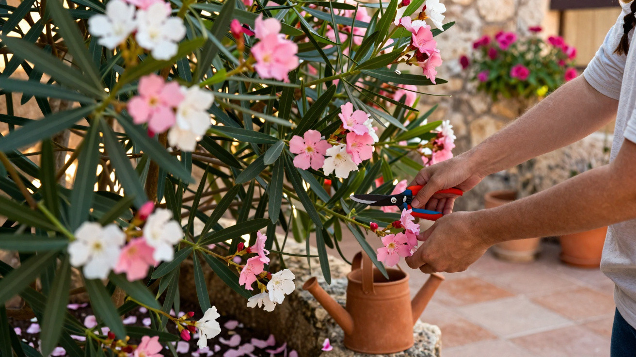 Person pruning pink and white flowers on a shrub with secateurs in a garden setting.