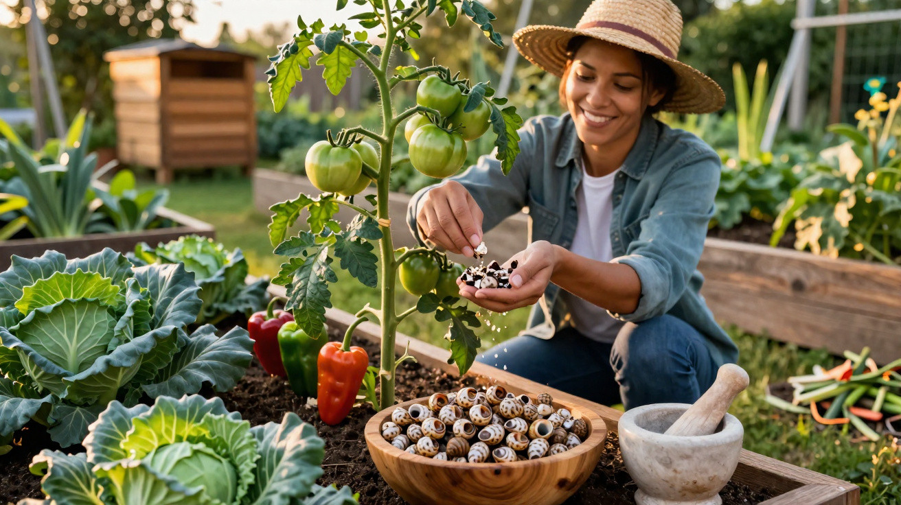 Person in straw hat adding snails to a tomato plant in a raised garden bed with vegetables.
