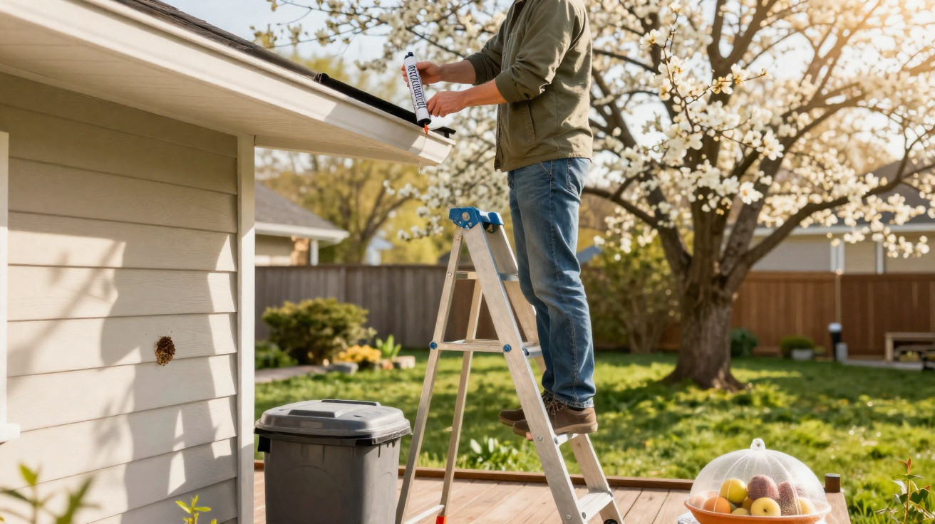 Person standing on a ladder applying sealant to a house gutter in a sunlit garden with blooming trees.