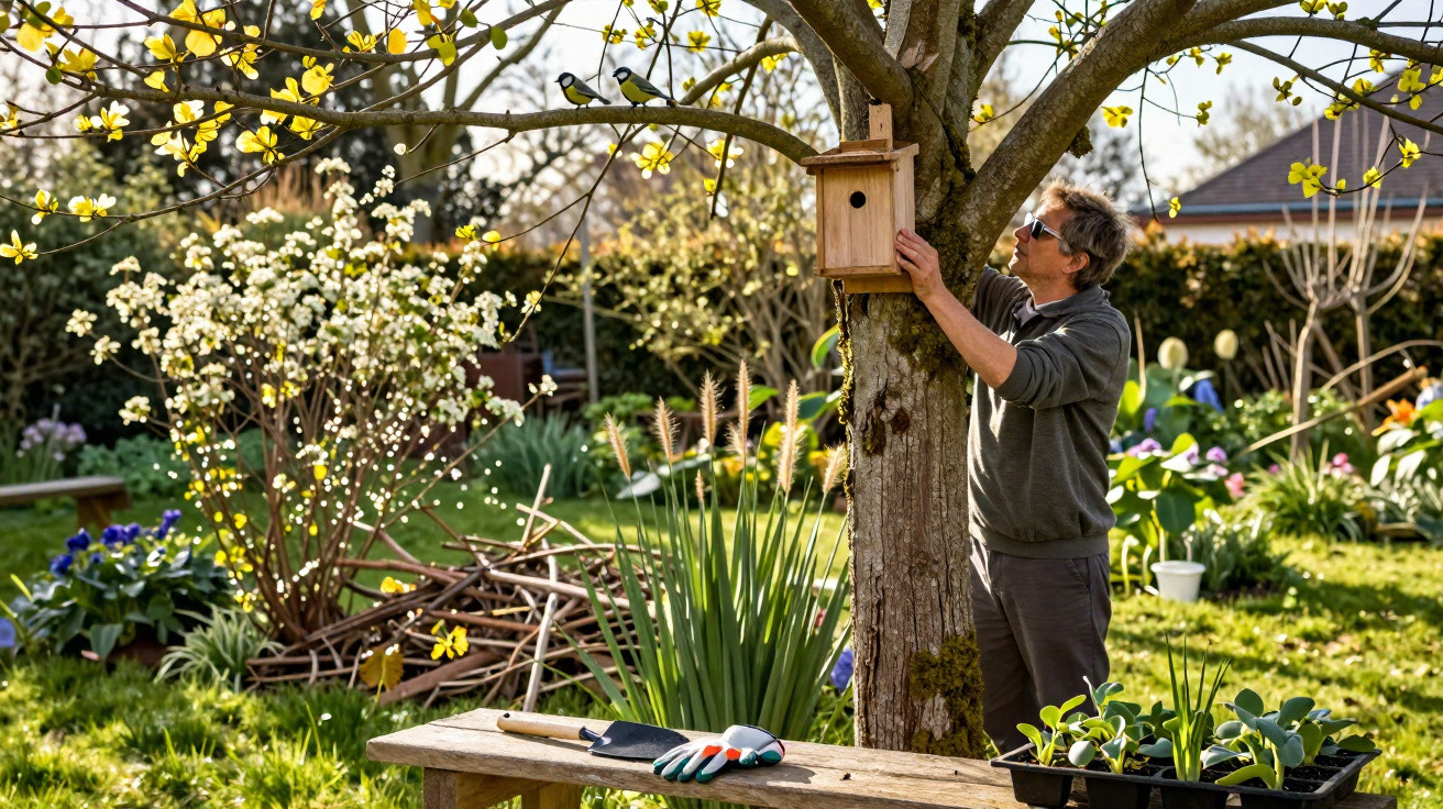 Man attaching a wooden birdhouse to a tree in a sunny garden with plants and birds nearby.