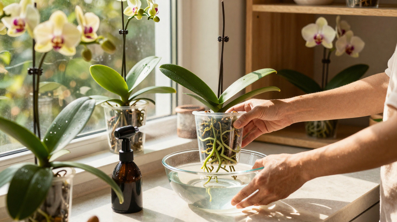 Hands soaking an orchid plant's roots in a bowl of water on a sunlit windowsill with other orchids nearby.