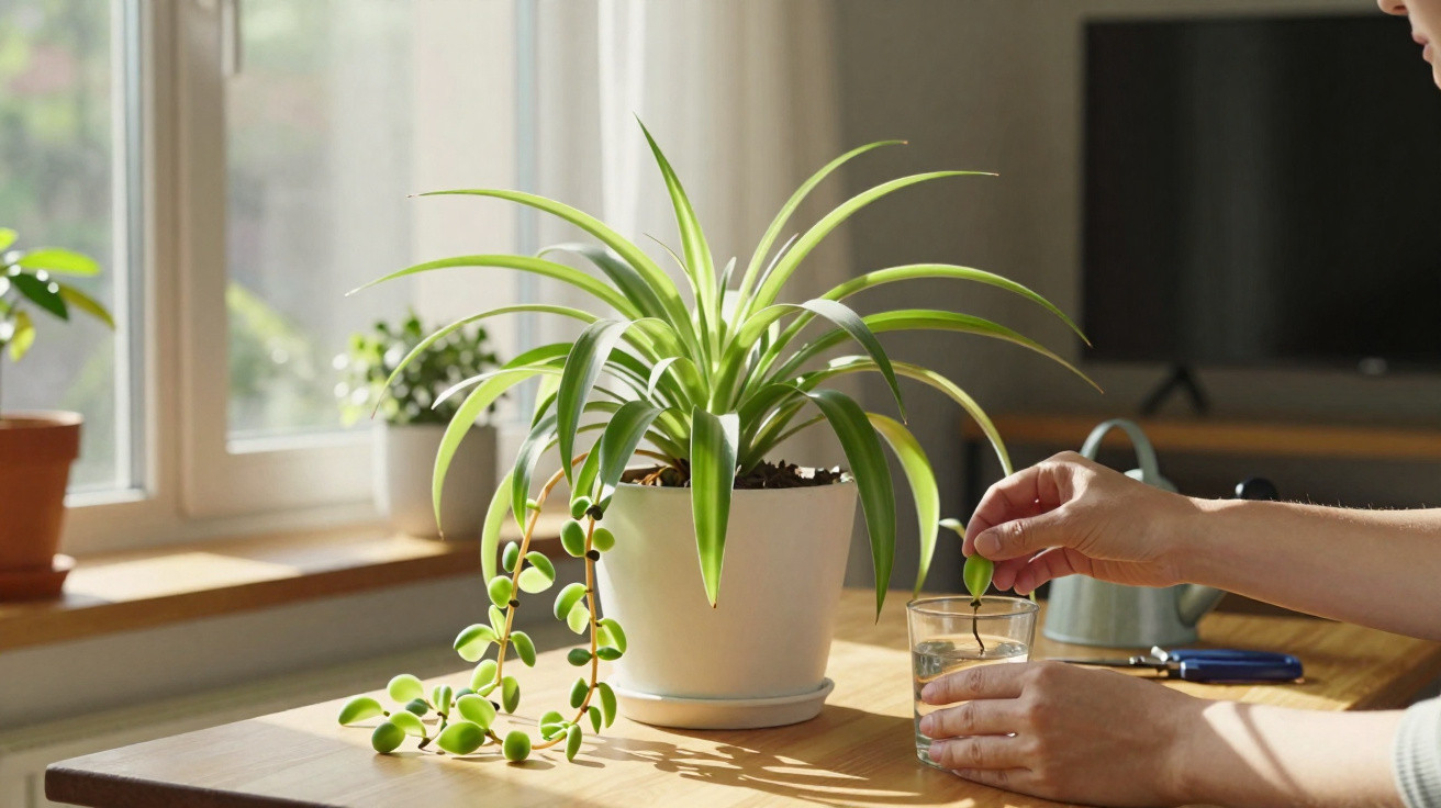 Person placing a plant cutting into a glass of water beside a potted spider plant on a wooden table by a window.
