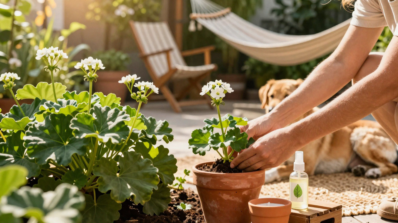 Person planting a flowering geranium in a terracotta pot on a sunny patio with a dog resting nearby.