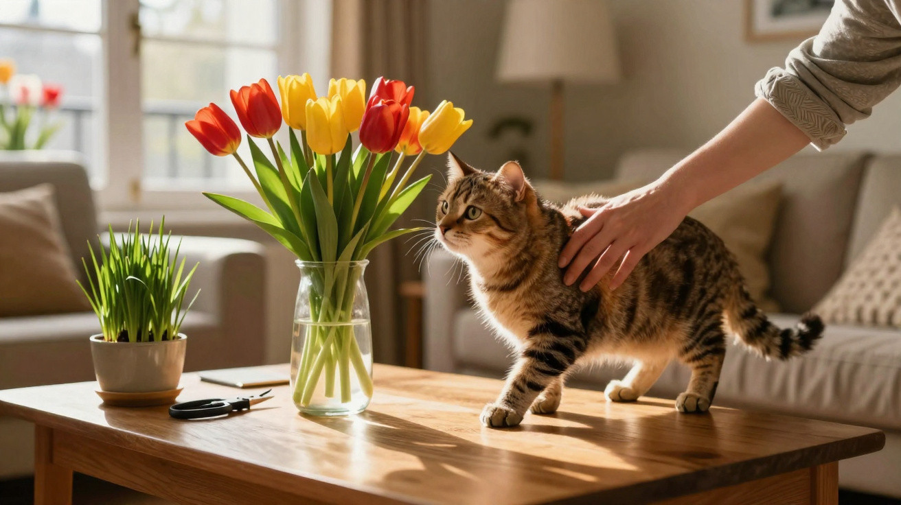 Striped cat walking on a wooden table with tulips in a glass vase and a hand petting the cat.