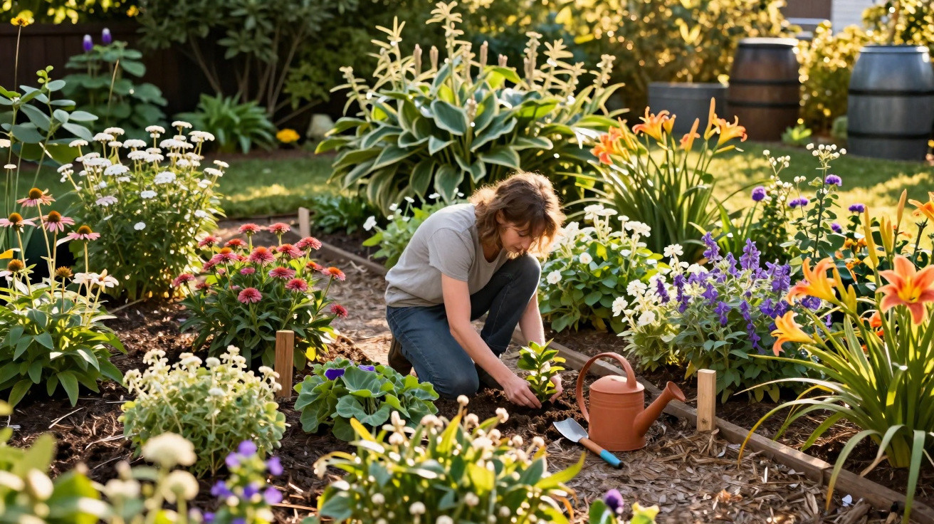Person kneeling and planting flowers in a vibrant, well-maintained garden under warm sunlight.