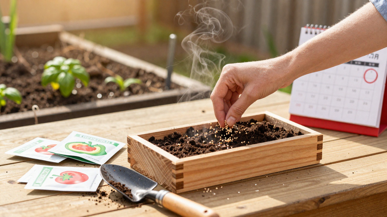 Hand sowing seeds into a wooden planter box on a table with seed packets and gardening tools nearby.