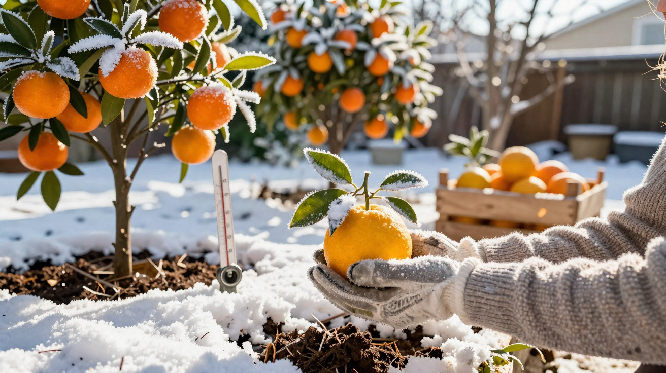 Frost-covered orange tree and gloved hands holding a freshly picked orange in snowy garden.