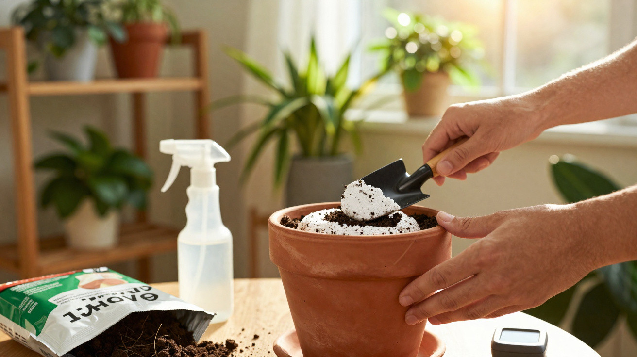 Hands filling a terracotta pot with soil using a small black garden spade indoors by a window.