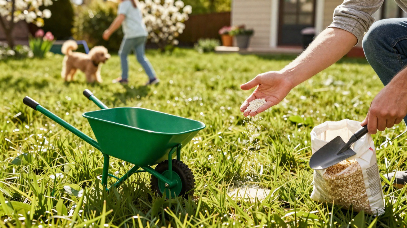 Person spreading fertiliser in lush garden with green wheelbarrow, child playing and dog in background.