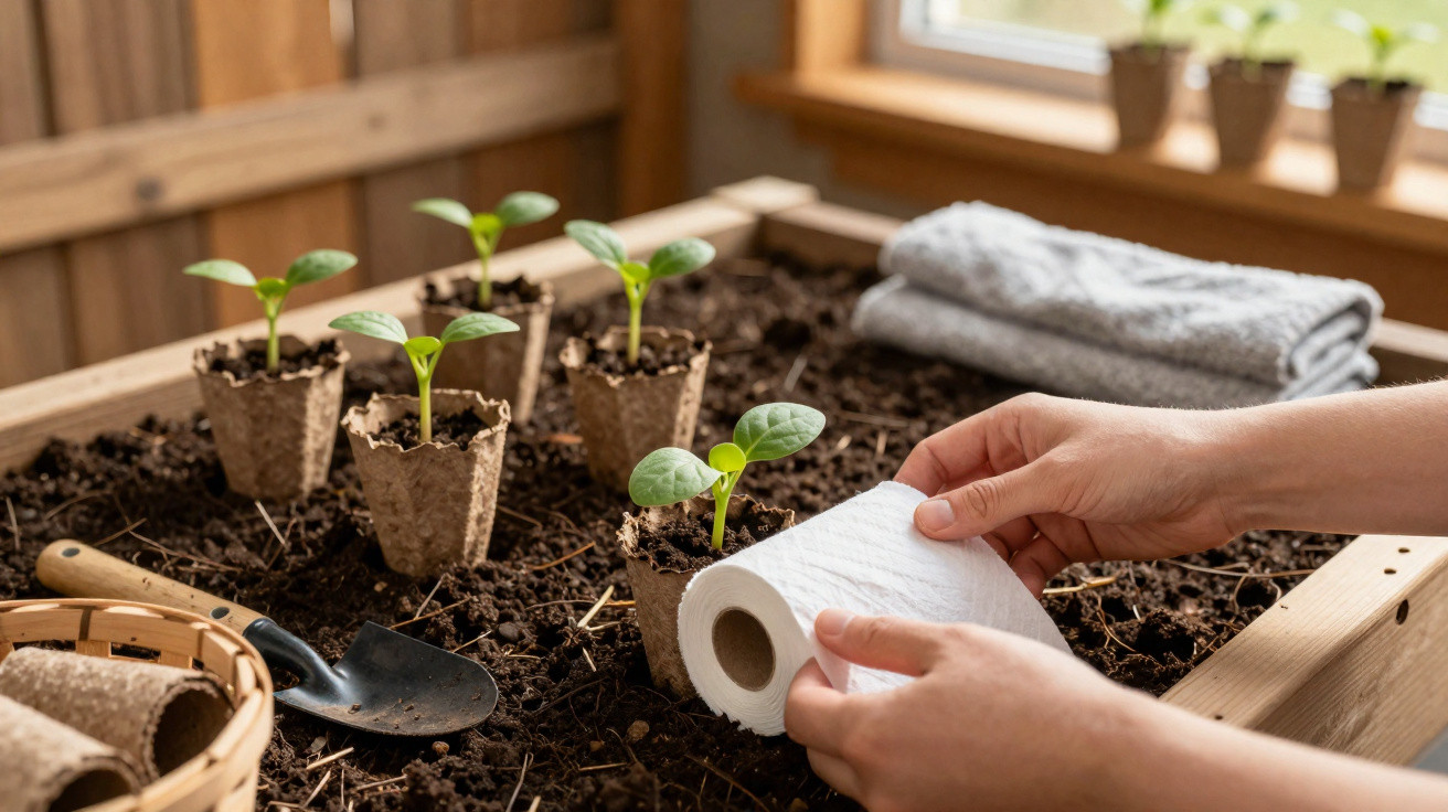 Hands holding a roll of paper towel near small seedlings in biodegradable pots on soil in a wooden garden bed.