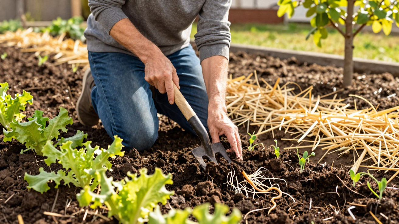 Person kneeling and using a hand cultivator to tend to soil in a vegetable garden with young plants growing.