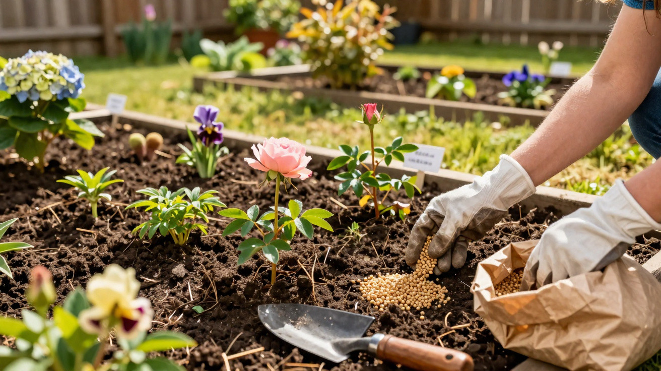Person wearing gloves planting seeds in a garden bed with blooming flowers in a sunny backyard.